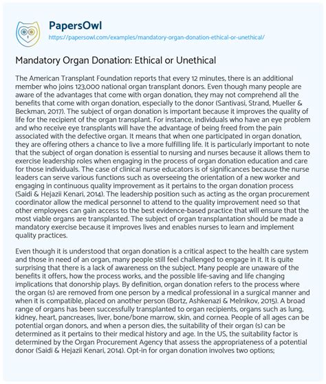 Mandatory Organ Donation Ethical Or Unethical Free Essay Example