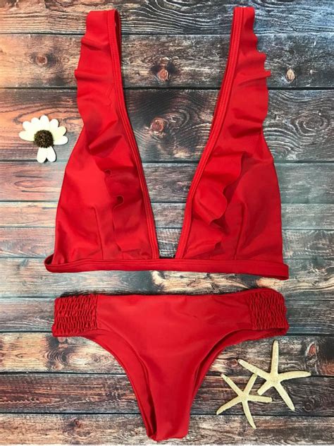 Ruffles Plunge Bathing Suit Red Bikinis M Zaful