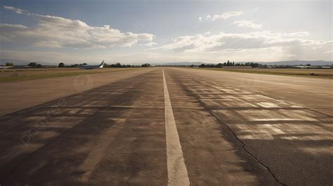 Empty Tarmac Runway With A Plane In The Background Landing Strip