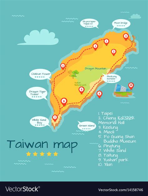 Cartoon Taiwan Map With Famous Places Royalty Free Vector