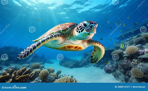 Sea Turtle Swimming In The Ocean Among Colorful Coral Reef Underwater