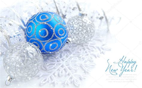 Christmas blue and silver decorations on white with sample text Stock ...