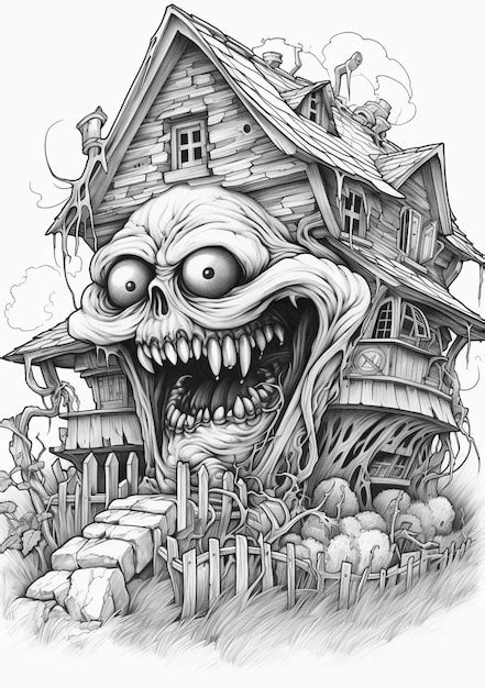 A drawing of a creepy house with a scary face generative ai | Premium ...