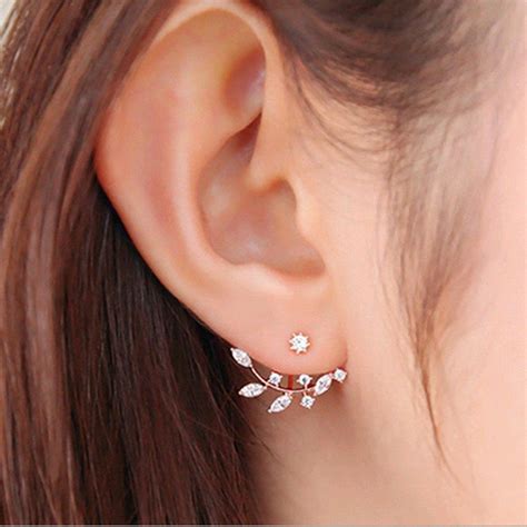 Korean Zircon Elegant Gold Leaf Leaves Asymmetric Crystal Earrings For