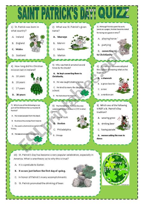 SAINT PATRICKS DAY QUIZZ ESL Worksheet By Paulinha77