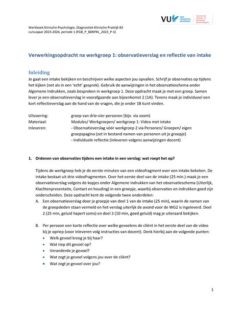 W Verwerkingsopdracht Uitleg Werkboek Klinische Psychologie