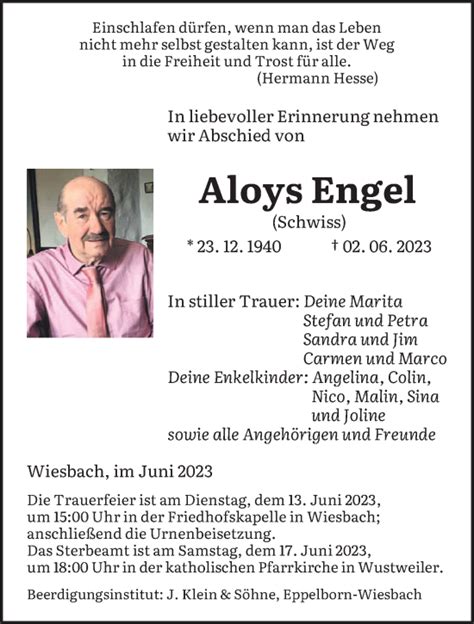 Traueranzeigen Von Aloys Engel Saarbruecker Zeitung Trauer De