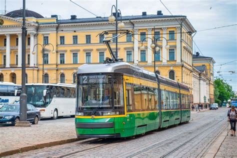 Helsinki Finland July 3rd 2017 Tram Speeds Up Along The City