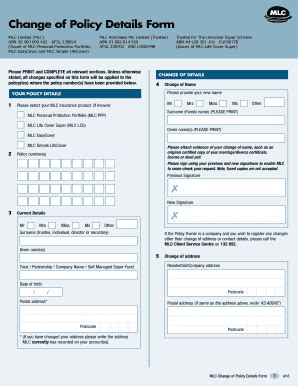 Fillable Online Mlc Change Of Policy Details Form MLC Mlc