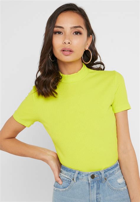 Buy Ginger Yellow Ribbed High Neck T Shirt For Women In Mena Worldwide