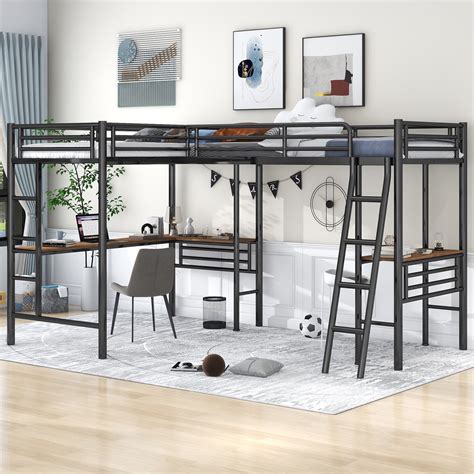 L Shaped Metal Loft Bed With Deskmodern Heavy Duty Steel Platform Bed Frame With Safety