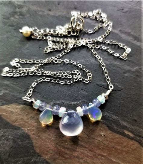 Sterling Silver And Gemstone Necklace Opal And Sapphire Necklace