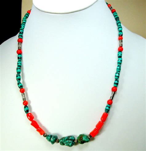 Real Turquoise And Coral Choker Southwest Usa Style Necklace Etsy