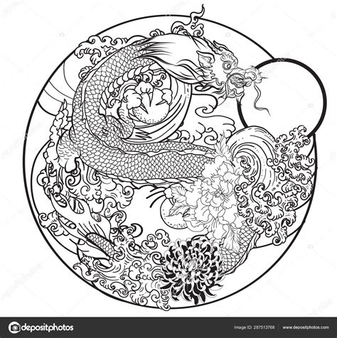 Hand Drawn Dragon Tattoo Coloring Book Japanese Style Japanese Old Stock Illustration By