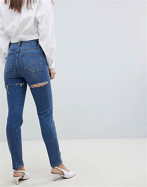 Asos Design High Rise Farleigh Slim Mom Jeans In Dark Stone Wash With