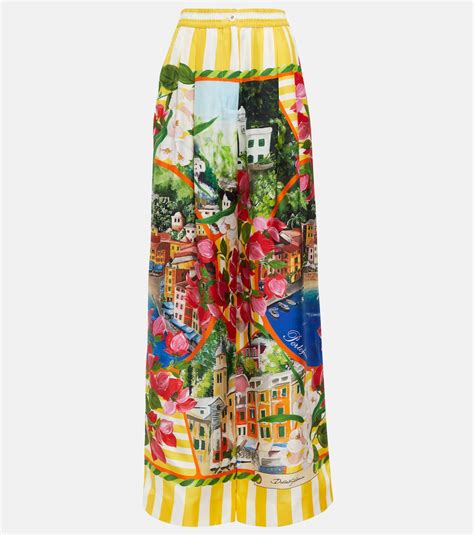 Portofino High Rise Silk Twill Wide Leg Pants In Multicoloured Dolce