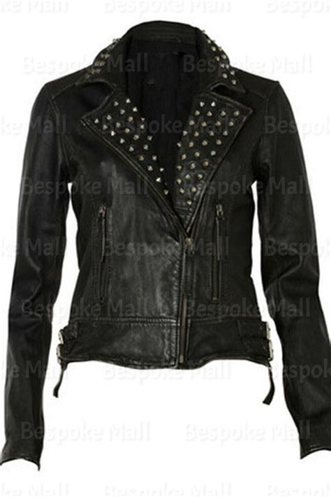 New Women S Black Punk Studded Brando Style Cowhide Biker Leather