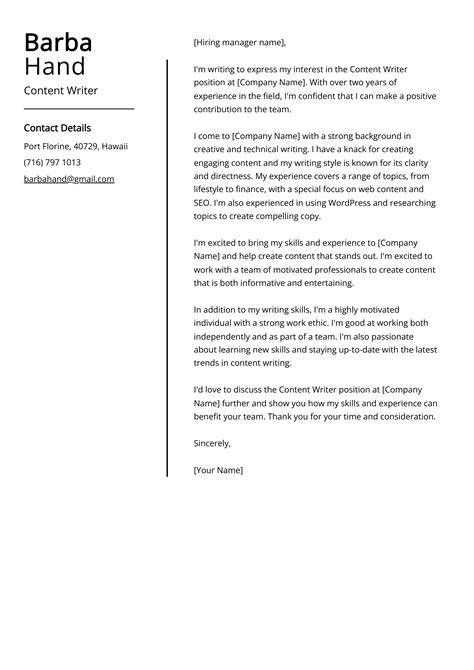 Experienced Content Writer Cover Letter Example Free Guide