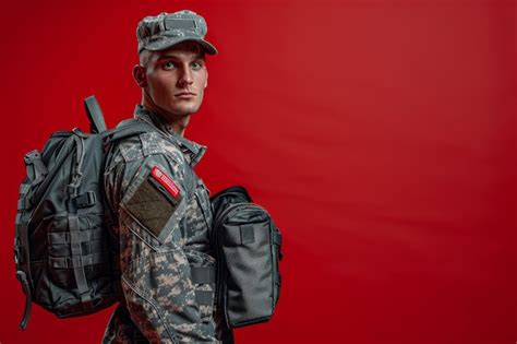 Premium Photo | Army medic in uniform with a medical bag against a red background