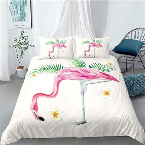 Housses De Couettes Flamant Rose Et Fleurs Blanches Cm