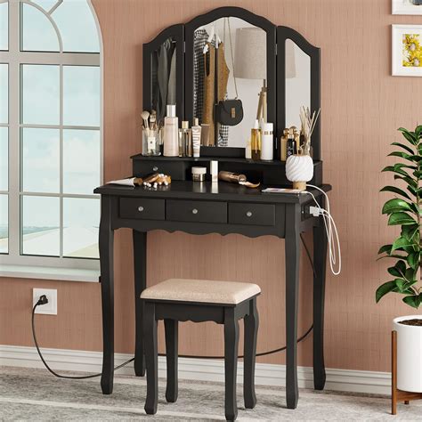 Buy Tiptiper Black Vanity Desk With Outlets And Usb Ports Makeup