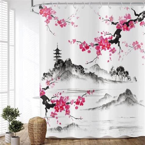 Rideau De Douche Fleur De Prunier 180X220 Cm Peinture Chinoise