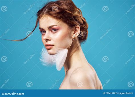 Pretty Woman Naked Shoulders Fashion Posing Bright Makeup Stock Image