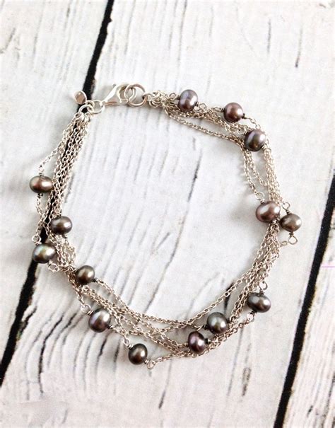 Sterling Silver Multi Strand Bracelet With Grey Pearls Multi Strand