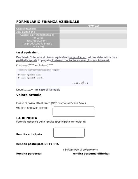 Formulario Finanza Aziendale FORMULARIO FINANZA AZIENDALE Formula