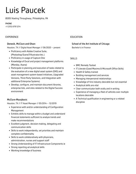 Asset Manager Resume Samples Velvet Jobs