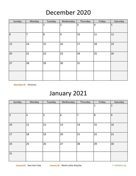 December 2020 And January 2021 Calendar