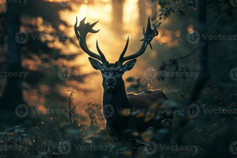 Majestic Stag In Enchanted Forest At Sunset 47343576 Stock Photo At