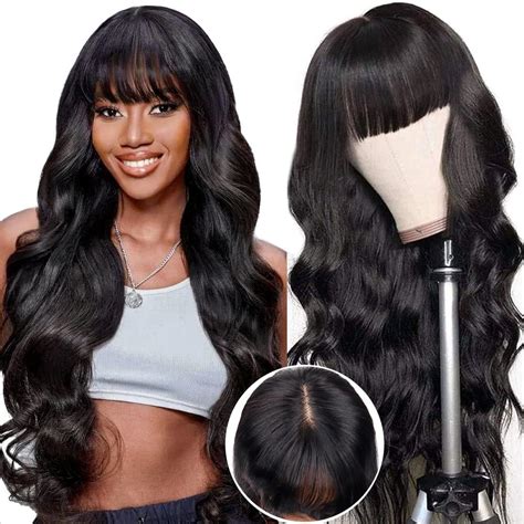 Sooolavely 16 Inch Body Wave 4x4 Lace Front Wigs With Bangs For Black Women Body