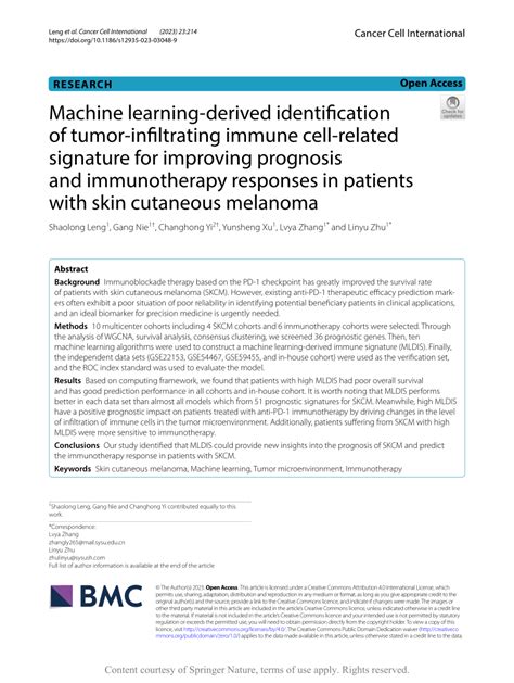 Pdf Machine Learning Derived Identification Of Tumor Infiltrating Immune Cell Related