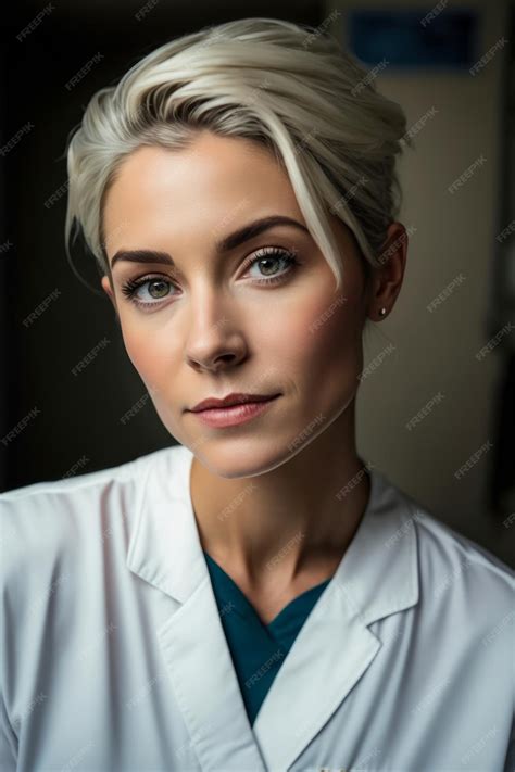 Premium Ai Image Beautiful Blonde Hair Woman Nurse Portrait Of Blonde Cute Nurse Whit A White Coat