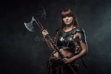 Armed With Two Handed Axe Dangerous Bald Viking Warrior Stock Photo