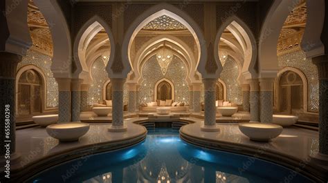 Traditional Arabic Hammam Bath With Intricate Tiles Mosaic Patterns