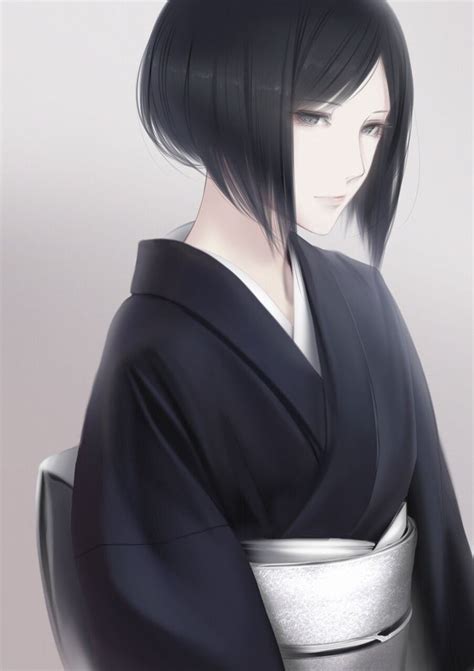 An Anime Character With Black Hair Wearing A Kimono