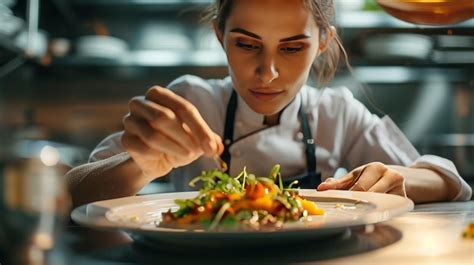 A Closeup Shot Captures A Female Chef In A Restaurant Meticulously