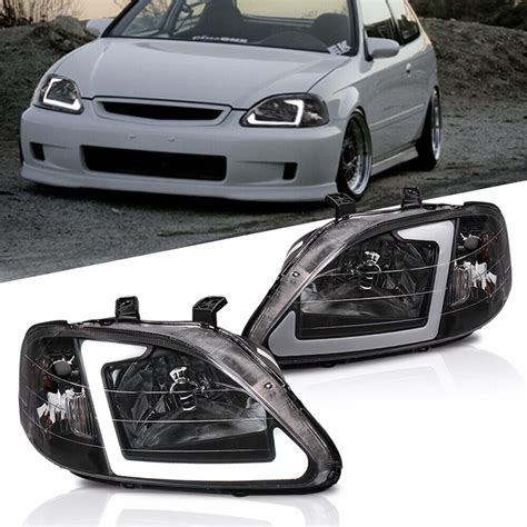 2x Led Headlights Drlstripe Black Clear For 1999 2000 Honda Civic Ek Ej