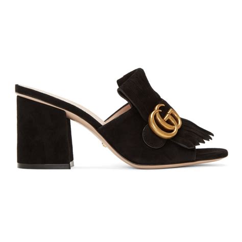 Gucci Black Suede Gg Marmont Fringed Mules Gucci