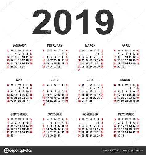 Calendario 2019 Año Vector Diseño Plantilla — Vector De Stock © Forden