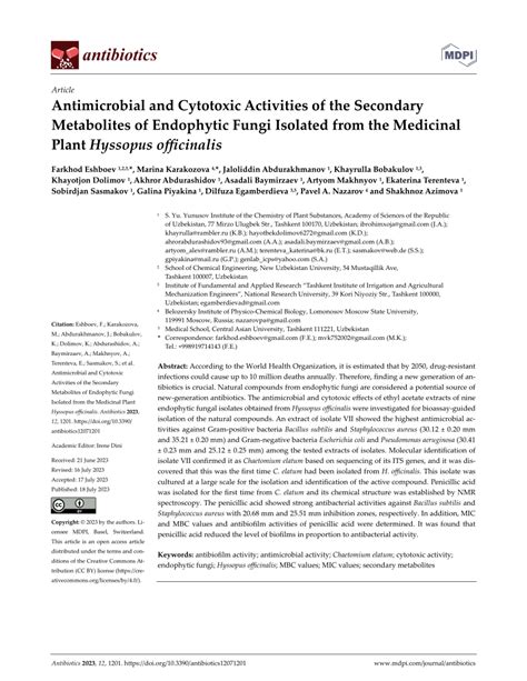 Pdf Antimicrobial And Cytotoxic Activities Of The Secondary