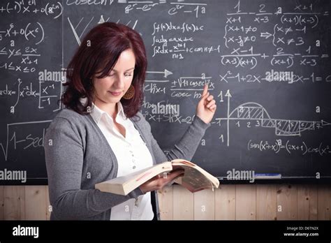 Portrait Of Woman Teacher And Blackboard Background Stock Photo Alamy