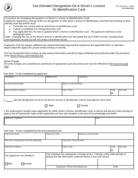 Form Itd3533 Download Fillable Pdf Or Fill Online Sex Gender Designation On A Drivers License