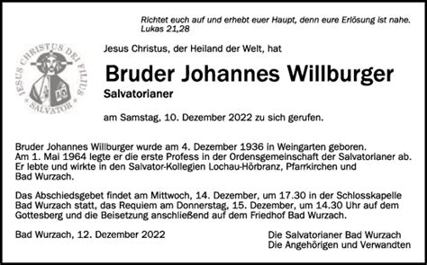 Traueranzeigen Von Johannes Willburger Schwaebische De Trauerportal