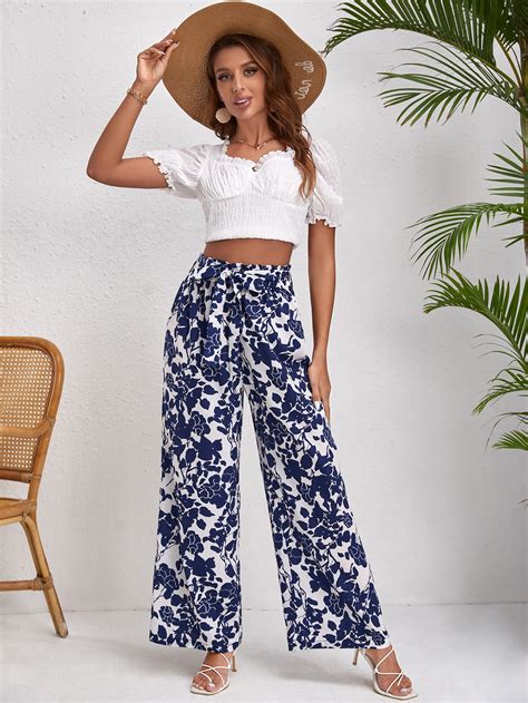 Shein Vcay Pantalones De Pierna Ancha Con Estampado Floral Con Cintur N