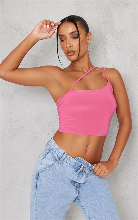 Hot Pink Slinky Asymmetric Crop Top Prettylittlething Ca