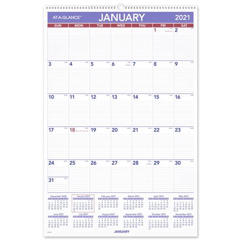 AT-A-GLANCE Monthly Wall Calendar, 20" x 30", January 2021 to December ...