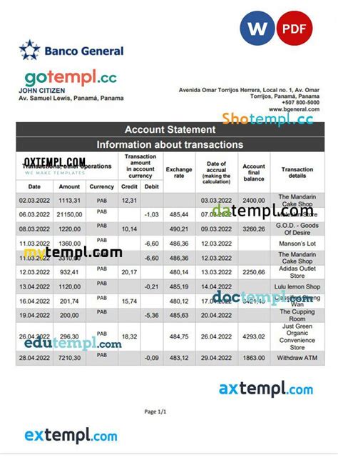 Panama Banco General Bank Statement Template In Word And PDF Format By